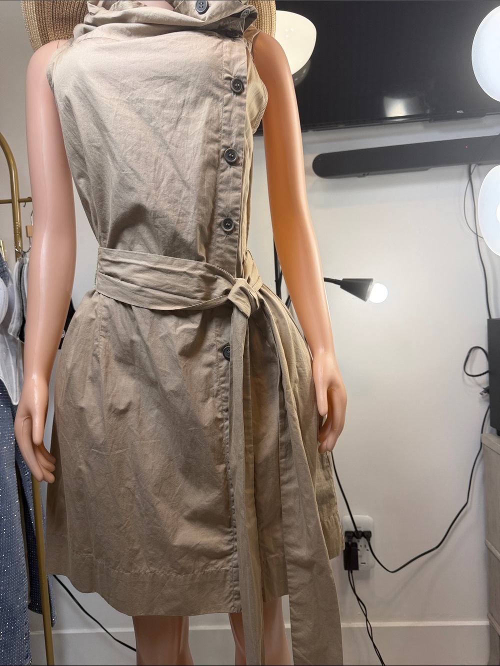 Sleeveless Beige Button-Accent Wrap Dress